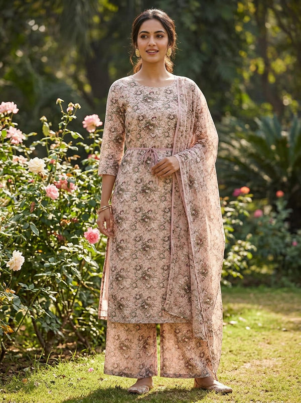 Peach Vintage Rose Garden Floral Pure Cotton Digital Printed Fabric - Straight Kurta with Palazzo Lookbook - PCO-0-MA013933-108 - alternate view