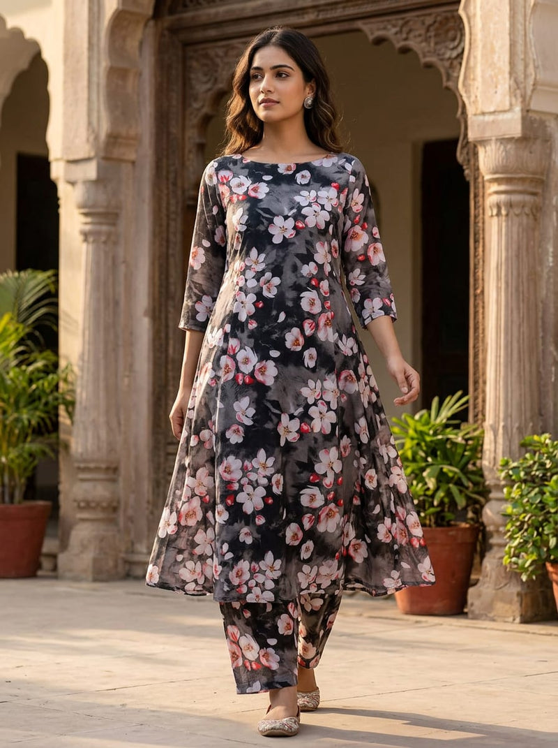 Black Dainty Sakura Blossom Floral Pure Cotton Digital Printed Fabric