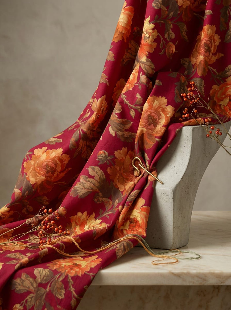 Maroon Vintage Peony Floral Pure Cotton Digital Printed Fabric