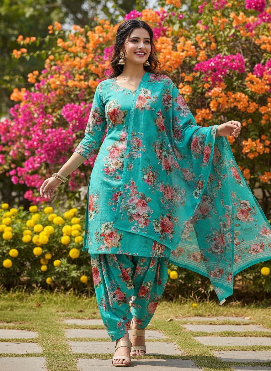 Mediumseagreen Floral Pure Cotton Printed Fabric Material