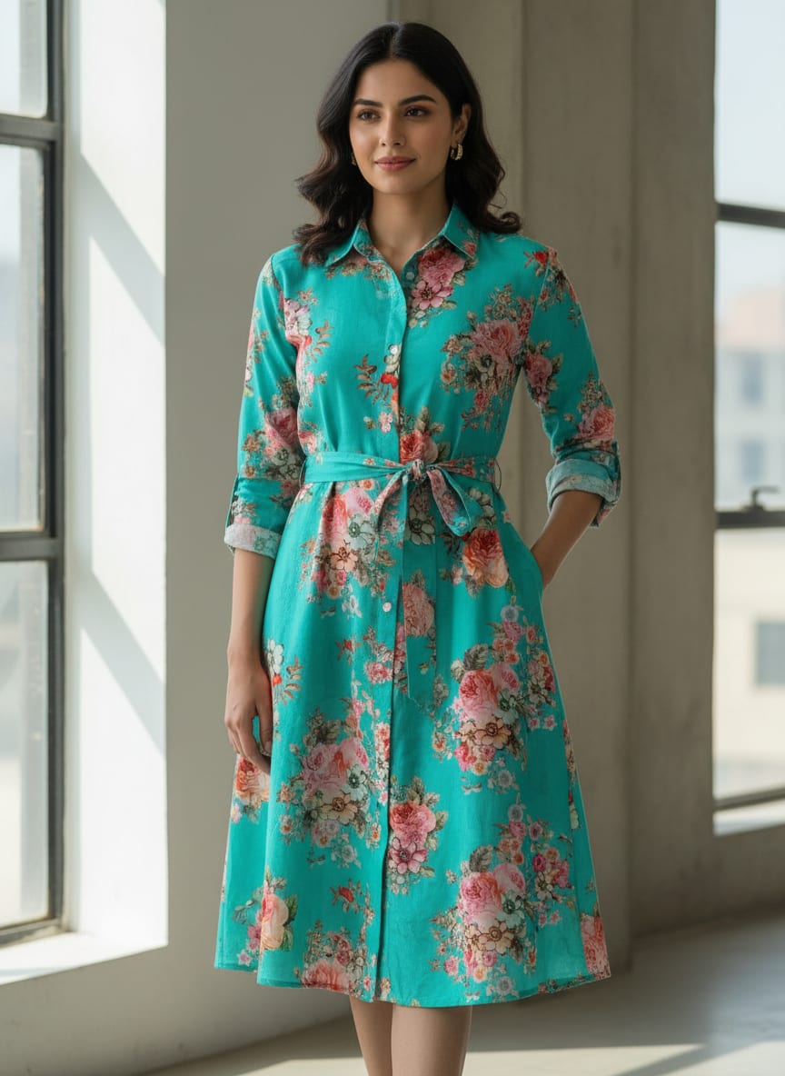 Mediumseagreen Floral Pure Cotton Printed Fabric Material