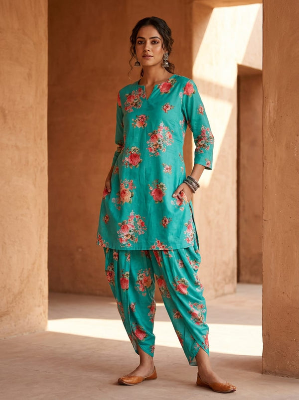 Teal Watercolor Rose Bouquet Pure Cotton Digital Printed Fabric - Dhoti Pants with Kurta Lookbook - PCO-0-TA09694P2-108 - alternate view