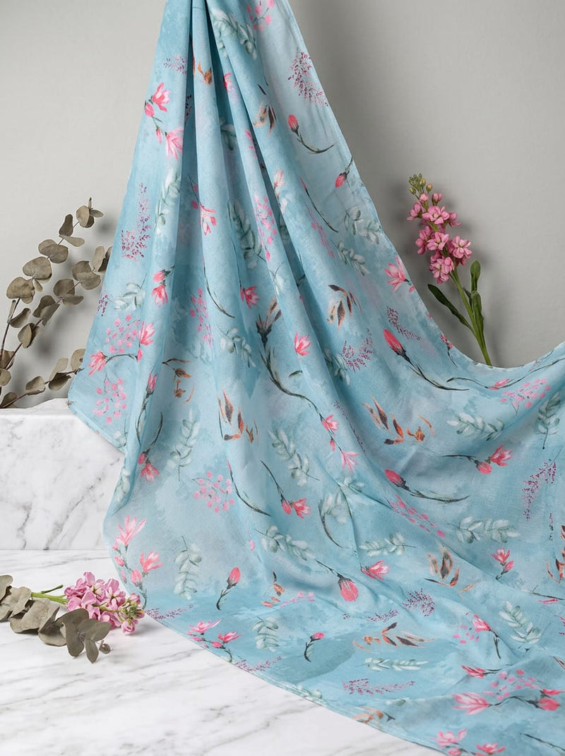 Blue Dainty Floral Botanical Print Pure Muslin Digital Printed Fabric