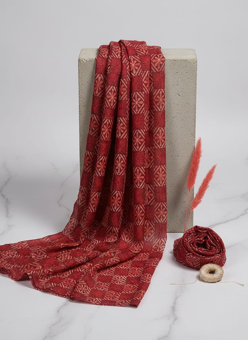Darkred Abstract Pure Muslin Printed Fabric Material