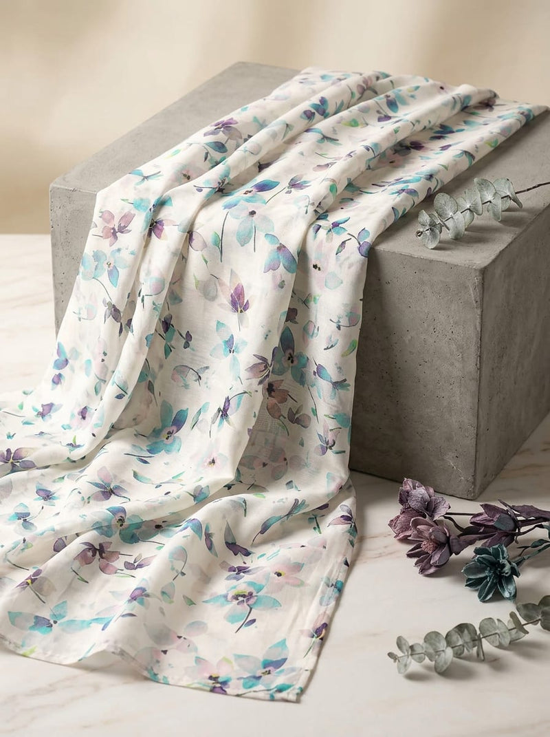 Multicolor Watercolor Floral Petals Pure Muslin Digital Printed Fabric