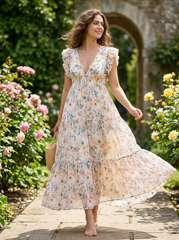 Multicolor Watercolor Floral Botanical Pure Muslin Digital Printed Fabric - Flowy Maxi Dress Lookbook - PM-0-MA021341-110 - alternate view