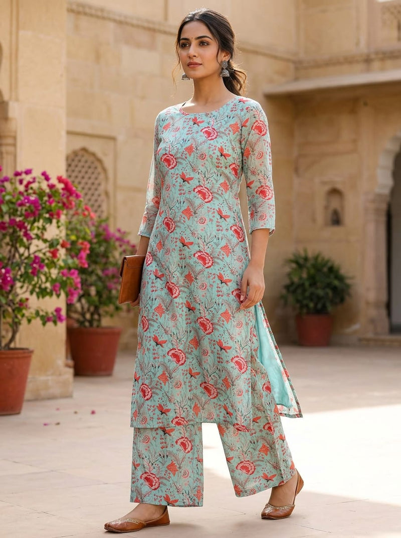 Teal Ethnic Floral Jaal Pure Muslin Digital Printed Fabric
