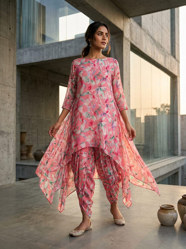 Pink Watercolor Botanical Leaves Pure Muslin Digital Printed Fabric - Asymmetric Tunic with Dhoti Pants Lookbook - PM-0-MA021911-110 - alternate view