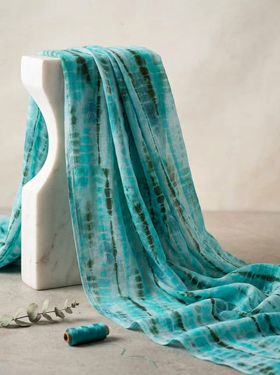 Teal Abstract Tie-Dye Stripe Pure Muslin Digital Printed Fabric