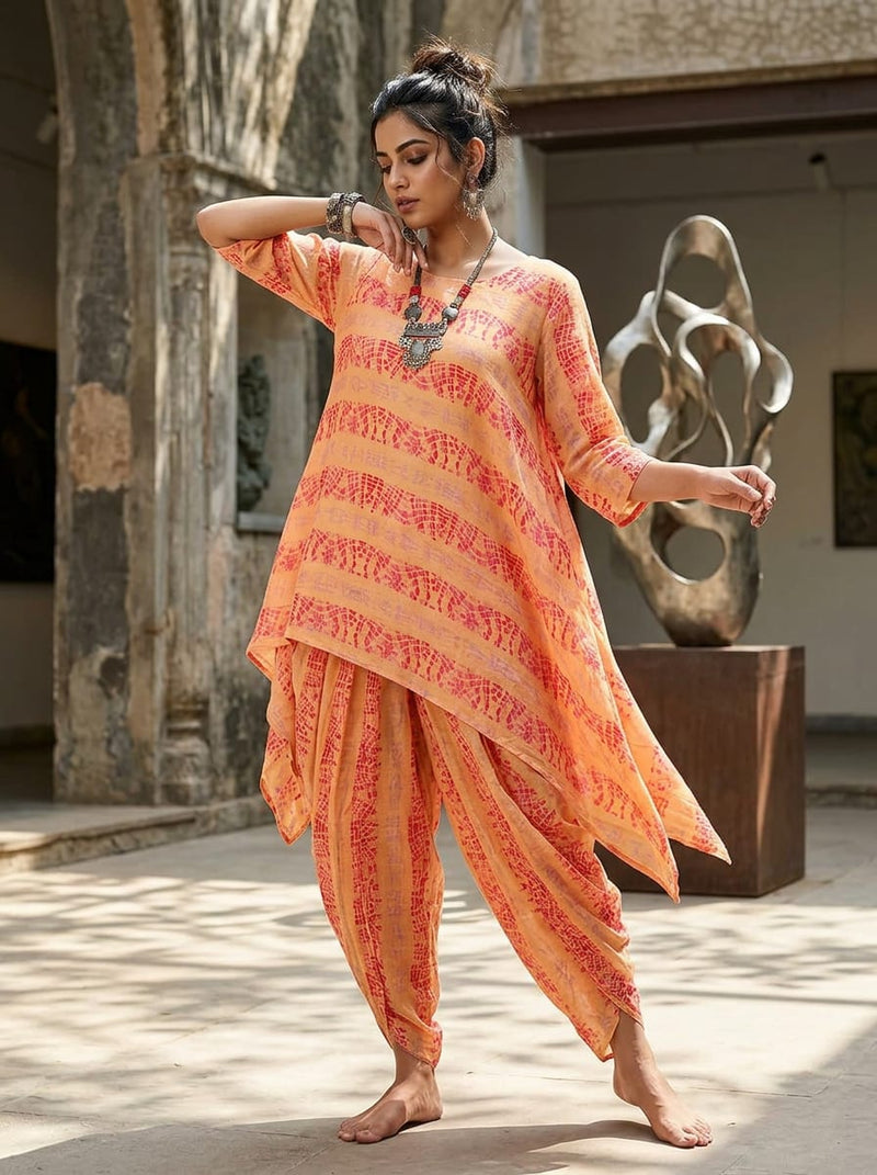 Peach Ethnic Tie-Dye Striped Pure Muslin Digital Printed Fabric