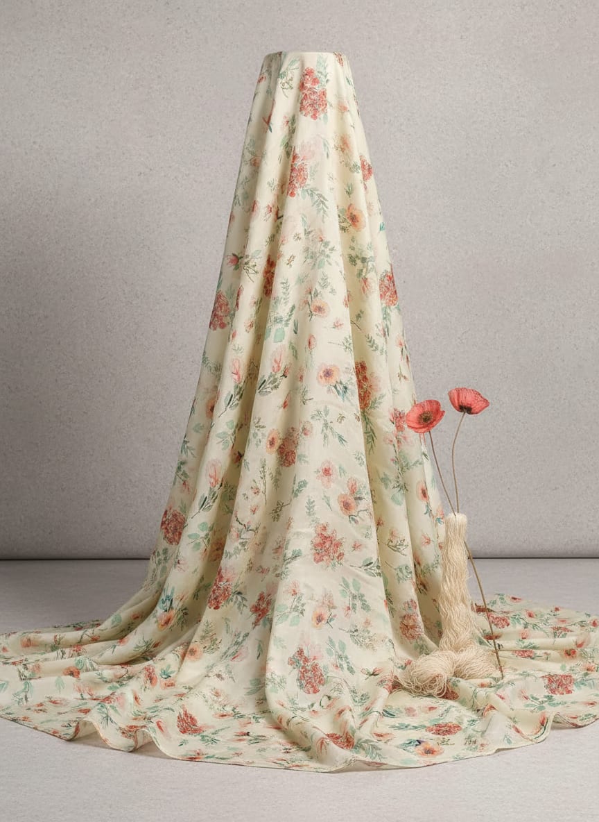 Light green Leaves Pure Muslin Printed Fabric Material