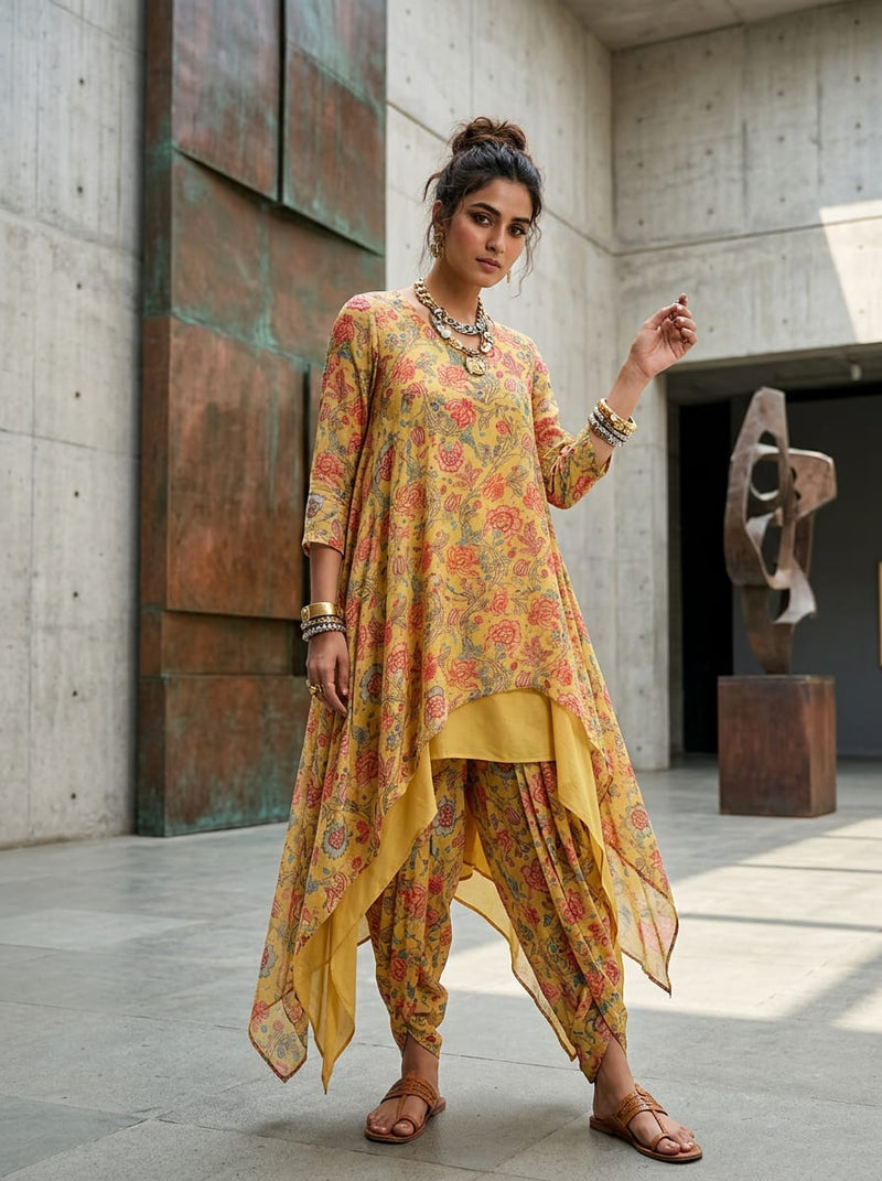 Yellow Ethnic Kalamkari Style Floral Pure Muslin Digital Printed Fabric
