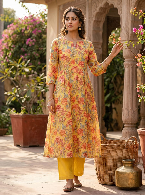 Yellow Ethnic Kalamkari Style Floral Pure Muslin Digital Printed Fabric - A-Line Kurta with Salwar Lookbook - PM-0-MA021993P1-110 - alternate view