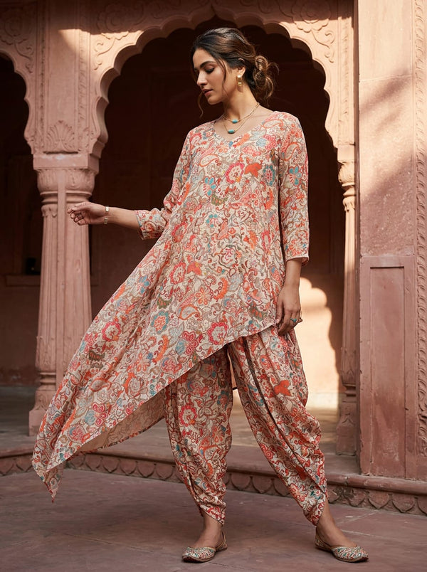 Multicolor Intricate Floral Paisley Medley Pure Muslin Digital Printed Fabric - Asymmetric Tunic with Dhoti Pants Lookbook - PM-0-MA021994P1-110 - alternate view