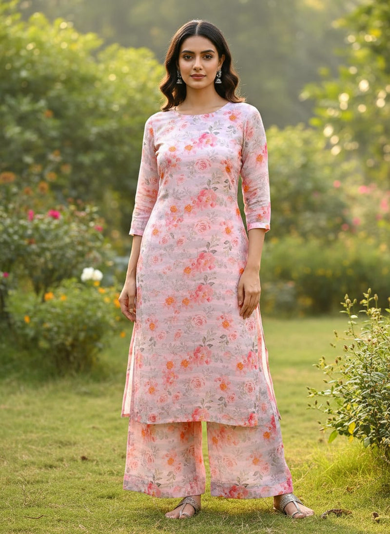 Pink Floral Pure Muslin Printed Fabric Material