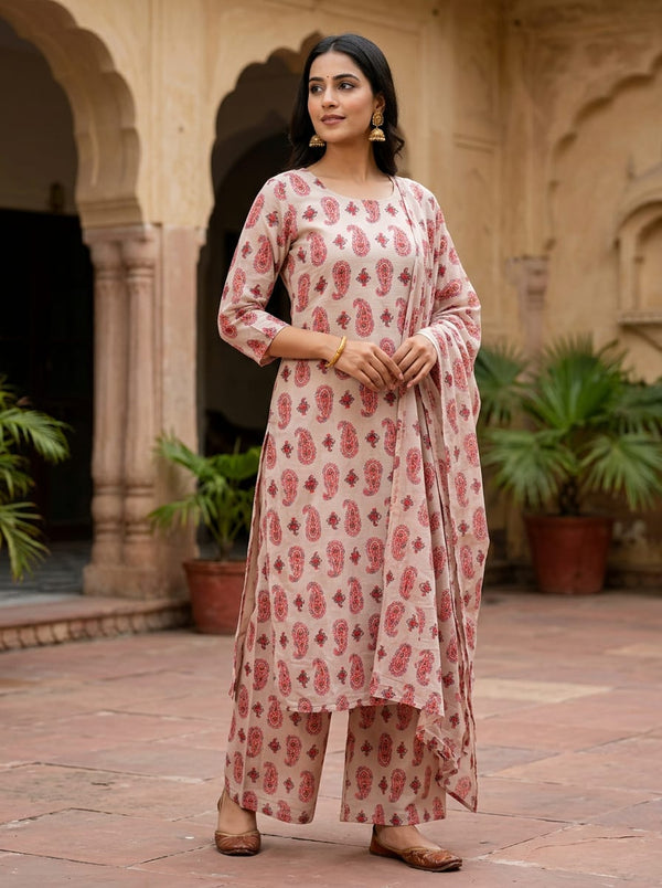 Grey Ethnic Red Paisley Pure Muslin Digital Printed Fabric - Straight Kurta with Palazzo Lookbook - PM-0-MA016452-110 - alternate view