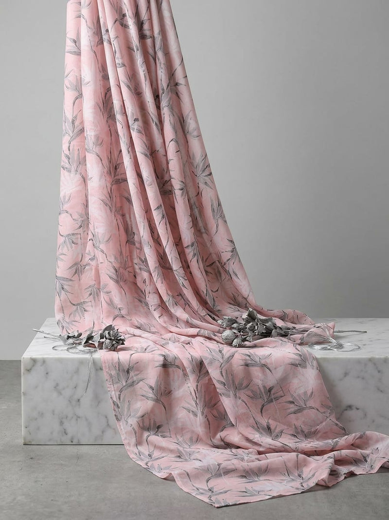 Pink Grey Tonal Bird of Paradise Floral Pure Muslin Digital Printed Fabric