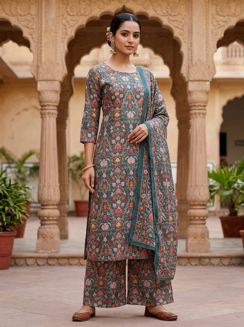 Teal Intricate Ethnic Floral Jaal Pure Muslin Digital Printed Fabric
