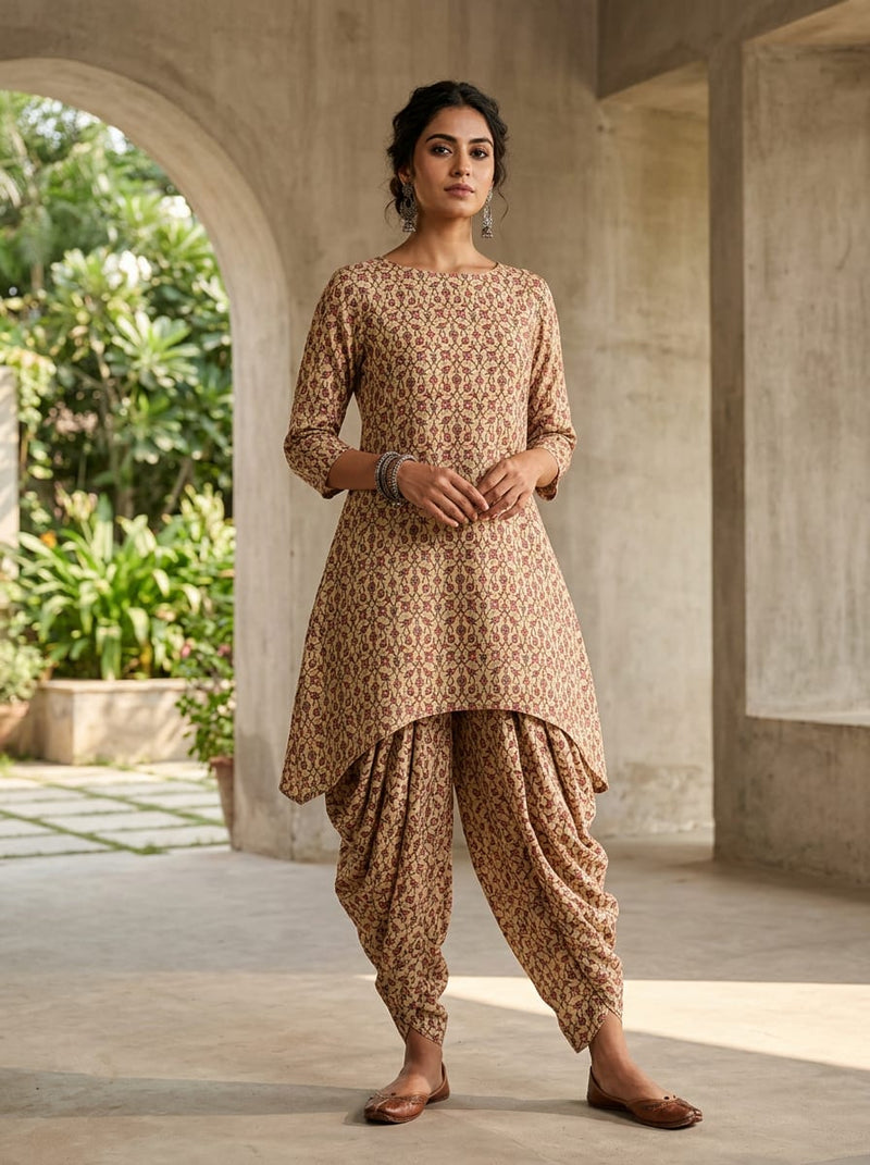 Cream Intricate Ethnic Floral Jaal Linen Digital Printed Fabric