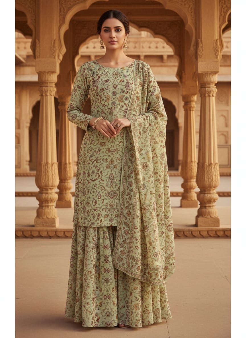 Pista Green Baroque Pure Georgette Printed Fabric Material