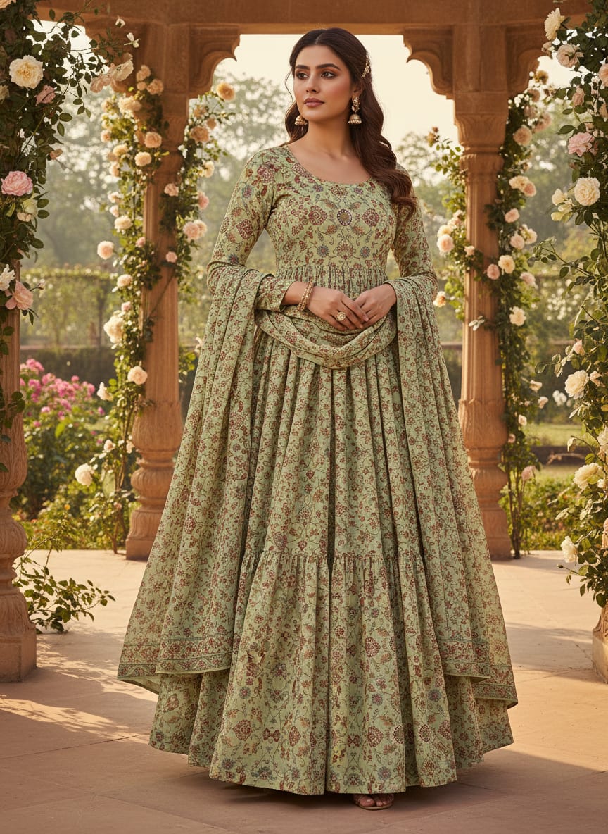 Pista Green Baroque Pure Georgette Printed Fabric Material