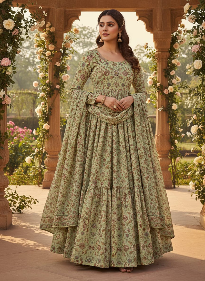 Pista Green Baroque Pure Georgette Printed Fabric Material