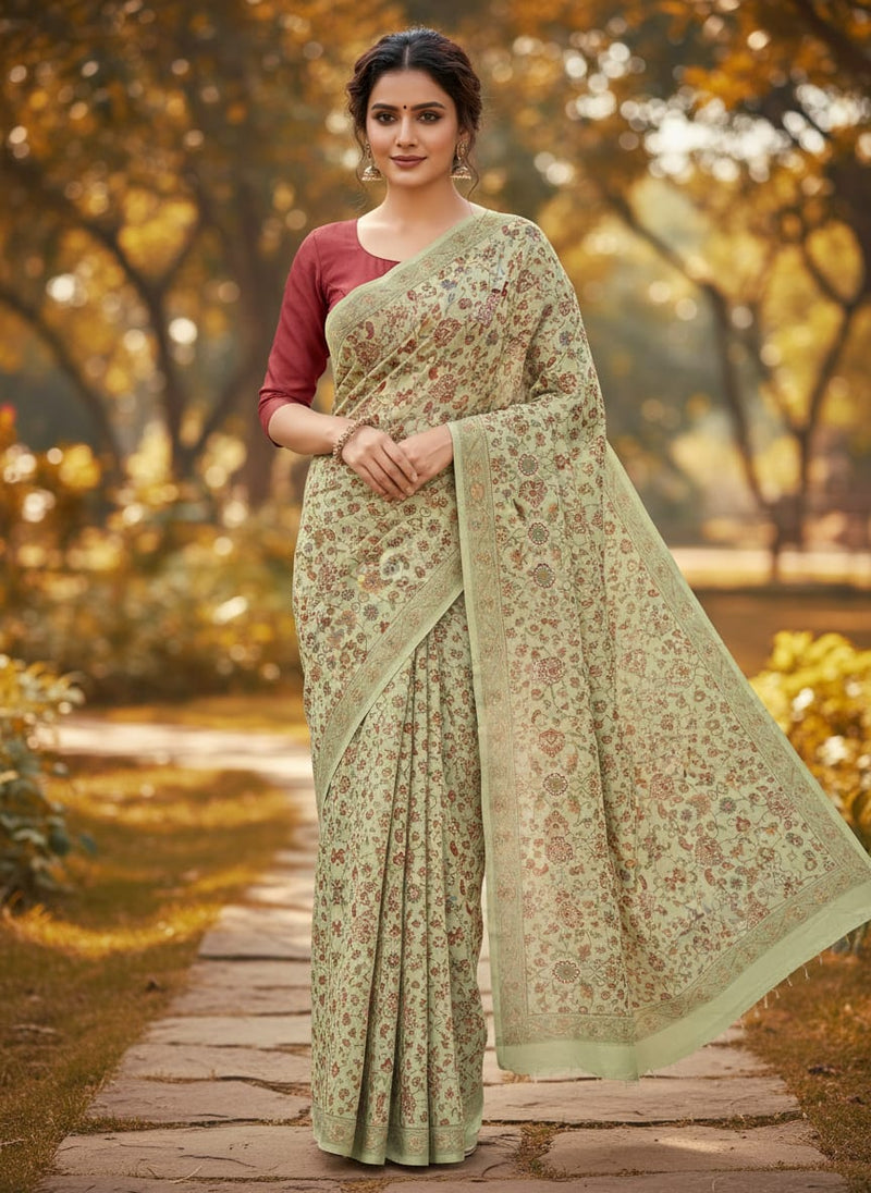 Pista Green Baroque Pure Georgette Printed Fabric Material