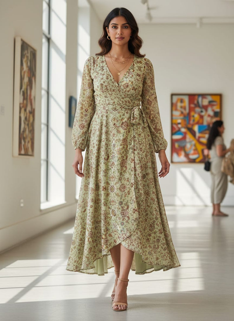 Pista Green Baroque Pure Georgette Printed Fabric Material