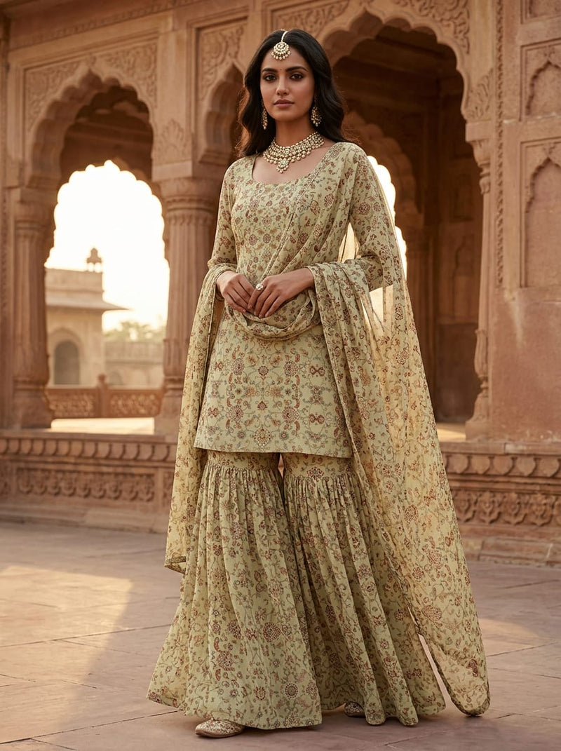 Cream Intricate Ethnic Damask Floral Pure Georgette Digital Printed Fabric