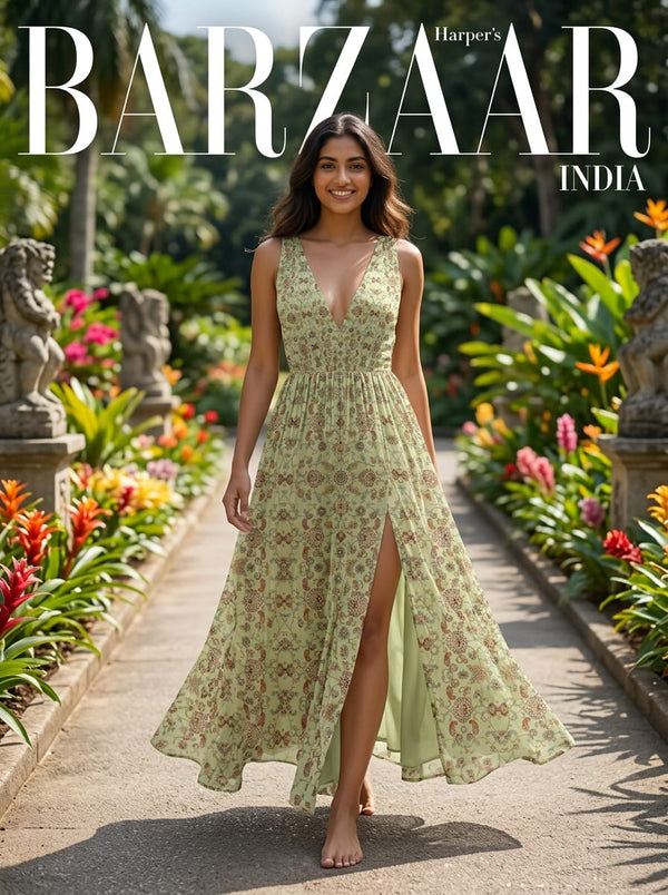 Cream Intricate Ethnic Damask Floral Pure Georgette Digital Printed Fabric - Flowy Maxi Dress Lookbook - PG-0-MA013977-110 - alternate view