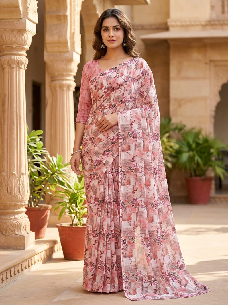 Pink Abstract Botanical Vine and Block Print Pure Georgette Digital Printed Fabric