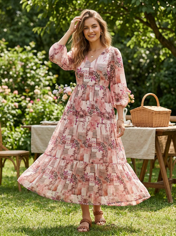 Pink Abstract Botanical Vine and Block Print Pure Georgette Digital Printed Fabric - Flowy Maxi Dress Lookbook - PG-0-MA013988-110 - alternate view