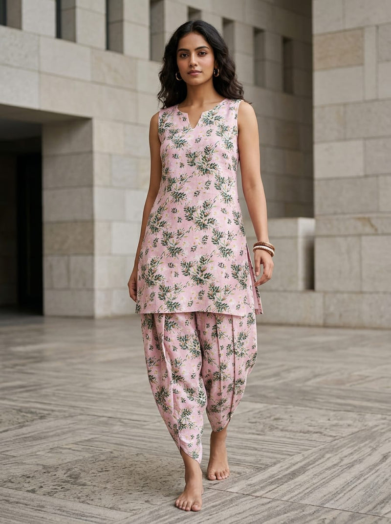 Pink Dainty Floral and Leaf Print Linen Digital Printed Fabric