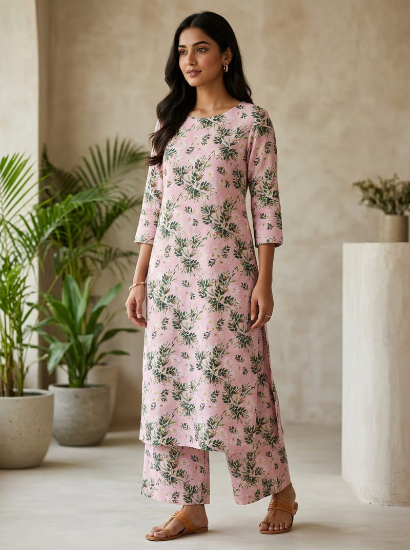 Pink Dainty Floral and Leaf Print Linen Digital Printed Fabric