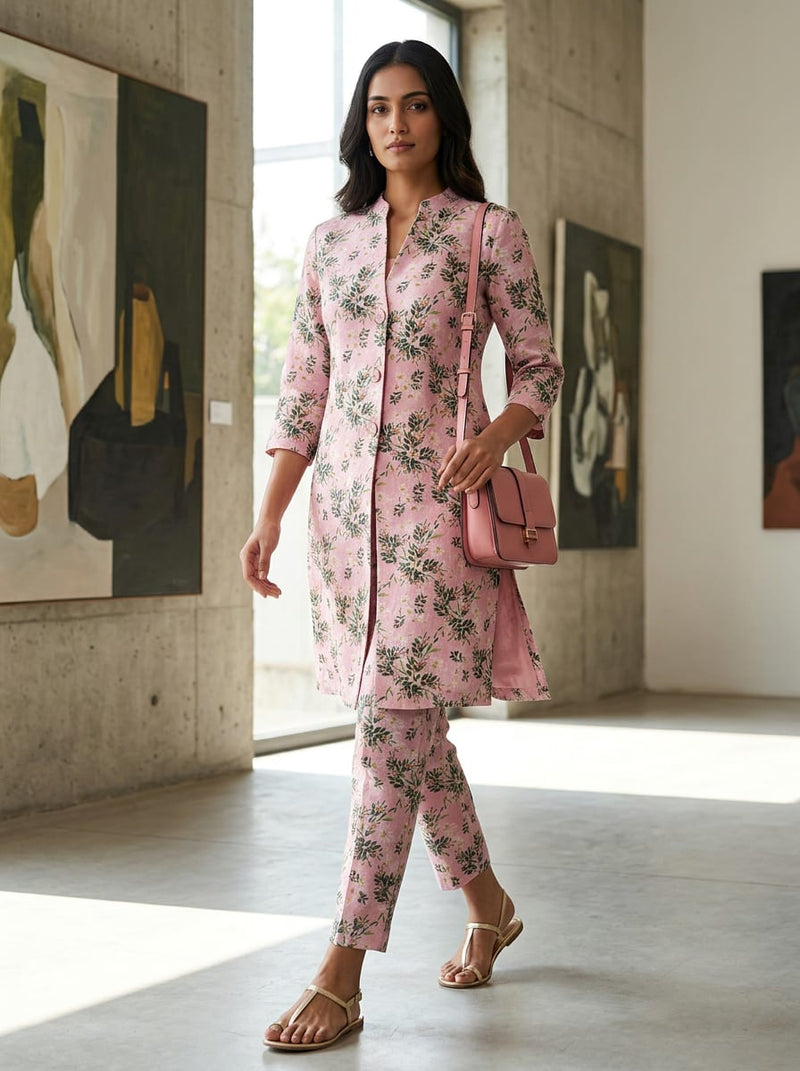 Pink Dainty Floral and Leaf Print Linen Digital Printed Fabric
