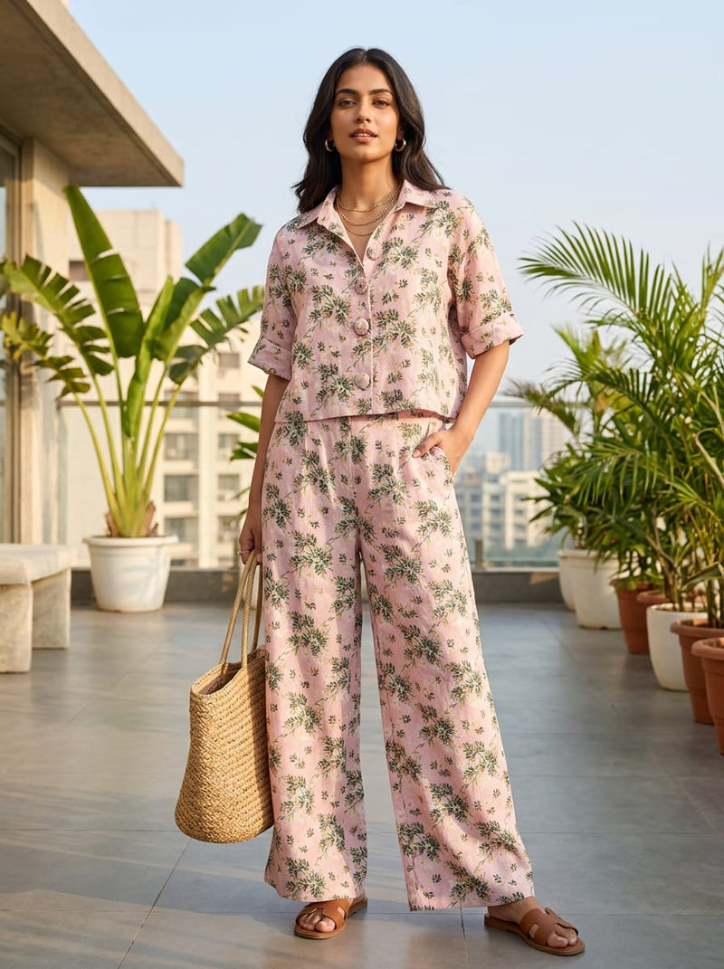 Pink Dainty Floral and Leaf Print Linen Digital Printed Fabric