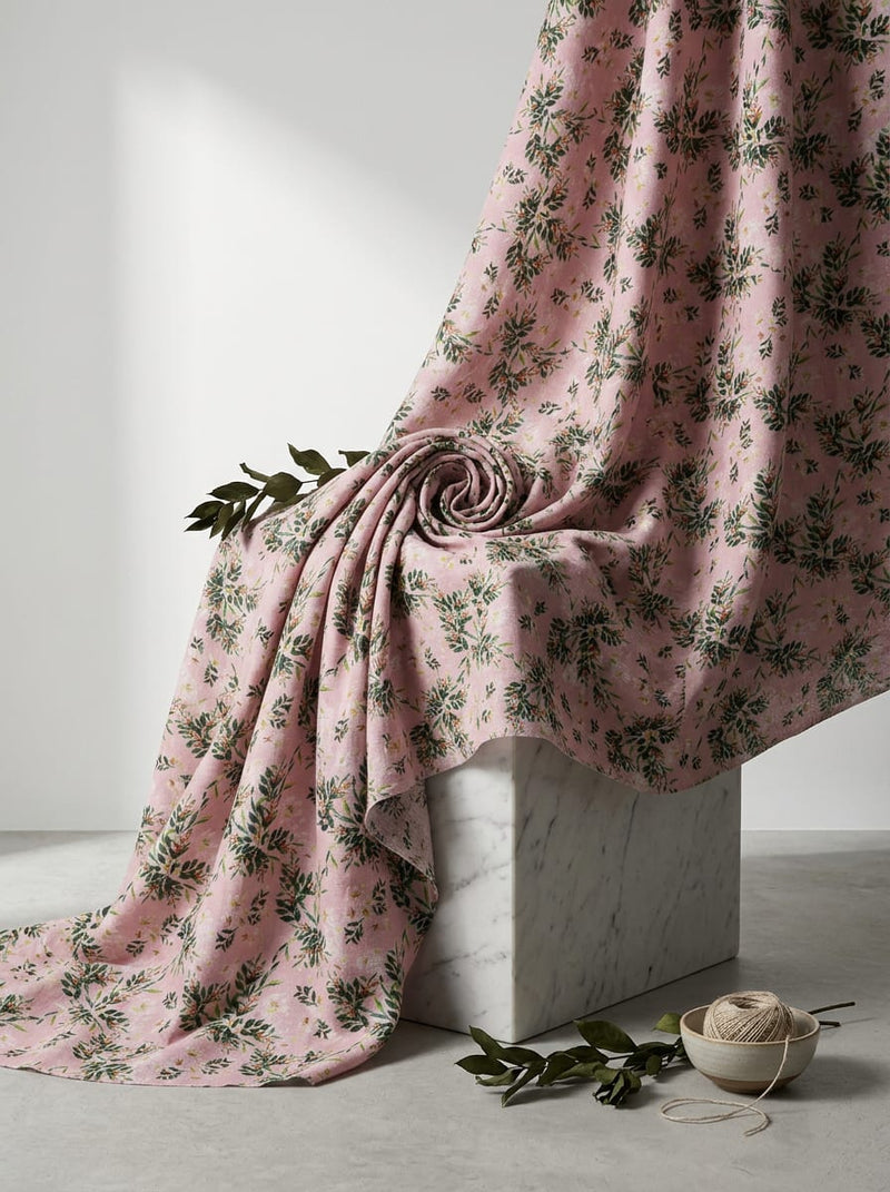 Pink Dainty Floral and Leaf Print Linen Digital Printed Fabric