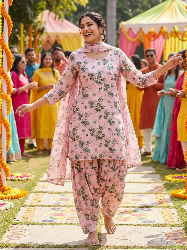 Pink Dainty Floral and Leaf Print Linen Digital Printed Fabric - Patiala Salwar Set Lookbook - LI-0-MA014006-110 - alternate view