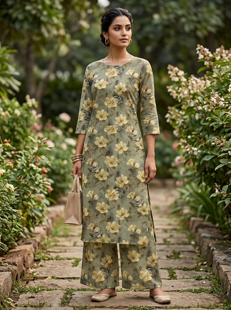 Olive Vintage Magnolia Floral Pure Cotton Digital Printed Fabric