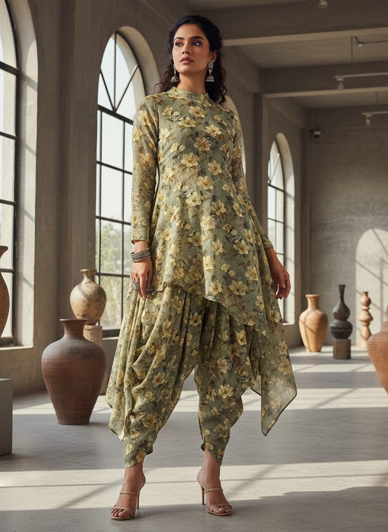 Green Gray Pure Cotton Printed Fabric Material