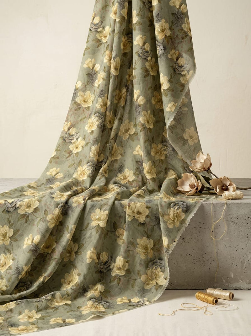 Olive Vintage Magnolia Floral Pure Cotton Digital Printed Fabric