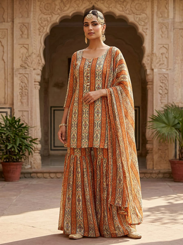 Multicolor Ornate Ethnic Stripe Pattern Pure Georgette Digital Printed Fabric - Gharara Set Lookbook - PG-0-MA014131-110 - alternate view