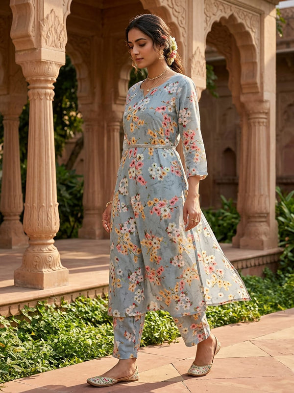 Grey Dainty Sakura Blossom Floral Pure Cotton Digital Printed Fabric - A-Line Kurta with Salwar Lookbook - PCO-0-MA014392-108 - alternate view