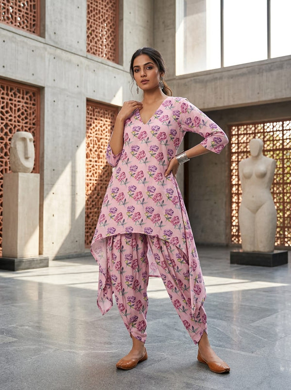Pink Dainty Watercolor Roses Pure Cotton Digital Printed Fabric - Asymmetric Tunic with Dhoti Pants Lookbook - PCO-0-MA014472-108 - alternate view