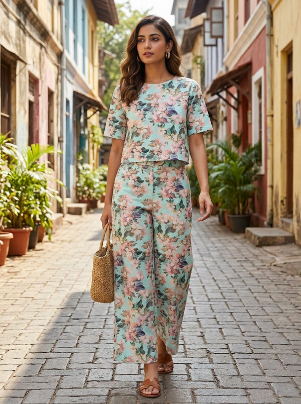 Multicolor Painterly Floral Blossom Pure Cotton Digital Printed Fabric - Co-ord Set with Wide Leg Pants Lookbook - PCO-0-MA014474-108 - alternate view