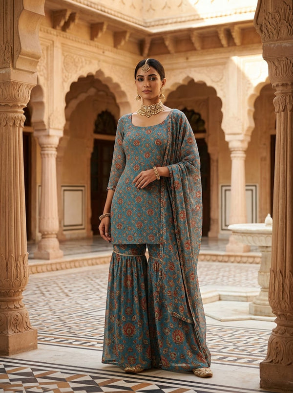 Teal Ethnic Damask Floral Pure Georgette Digital Printed Fabric - Gharara Set Lookbook - PG-0-MA014768-110 - alternate view