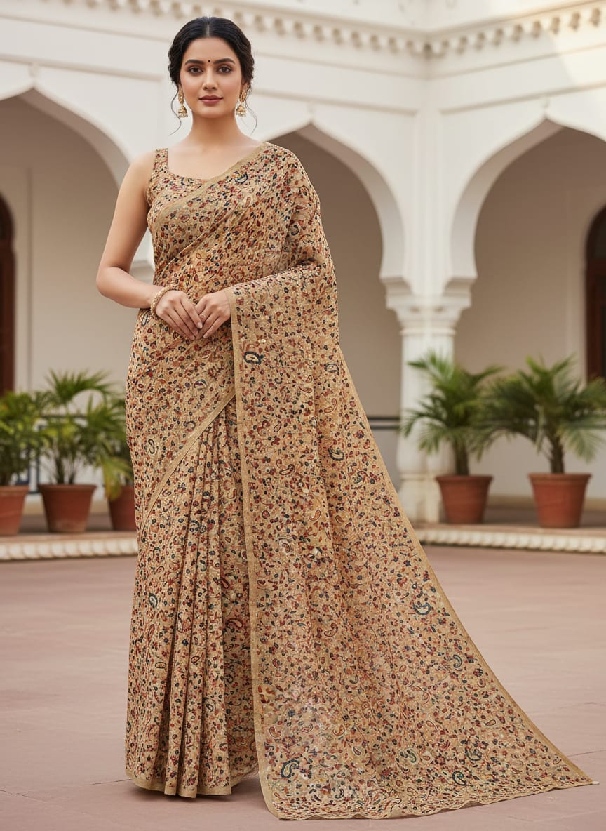 Brown Paisley Pure Georgette Printed Fabric Material