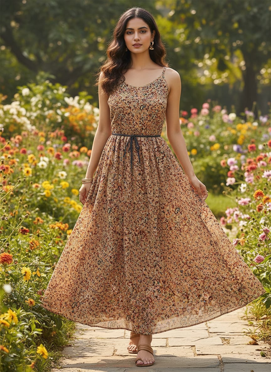 Brown Paisley Pure Georgette Printed Fabric Material