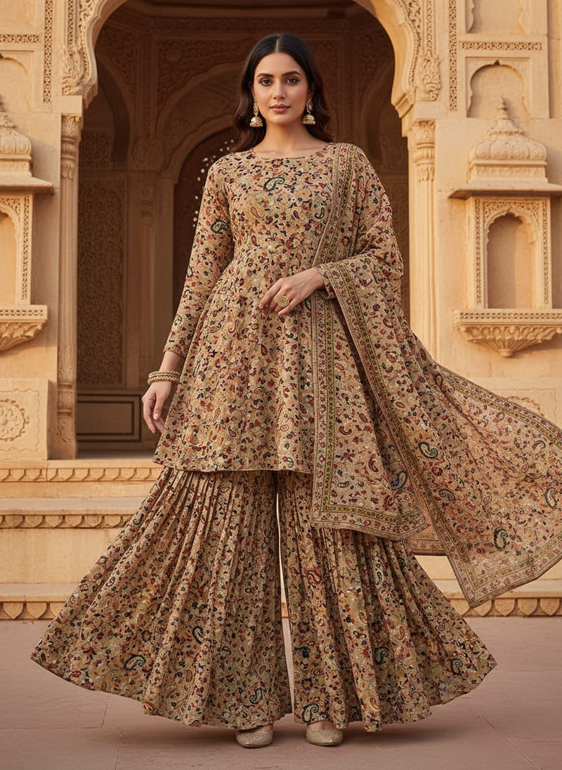 Brown Paisley Pure Georgette Printed Fabric Material