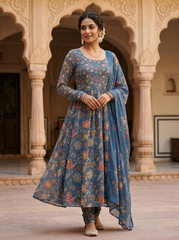 Blue Vintage Botanical Floral Vine Pure Georgette Digital Printed Fabric - Anarkali Kurta Set Lookbook - PG-0-MA014923-110 - alternate view